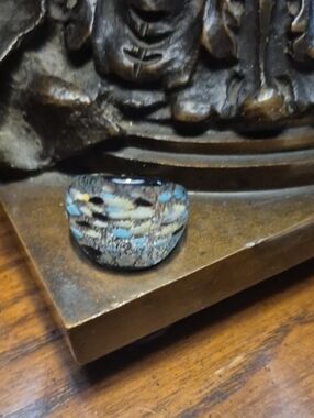 Artisan Speckled Murano Glass Ring Blue Silver Black Cream 6.5